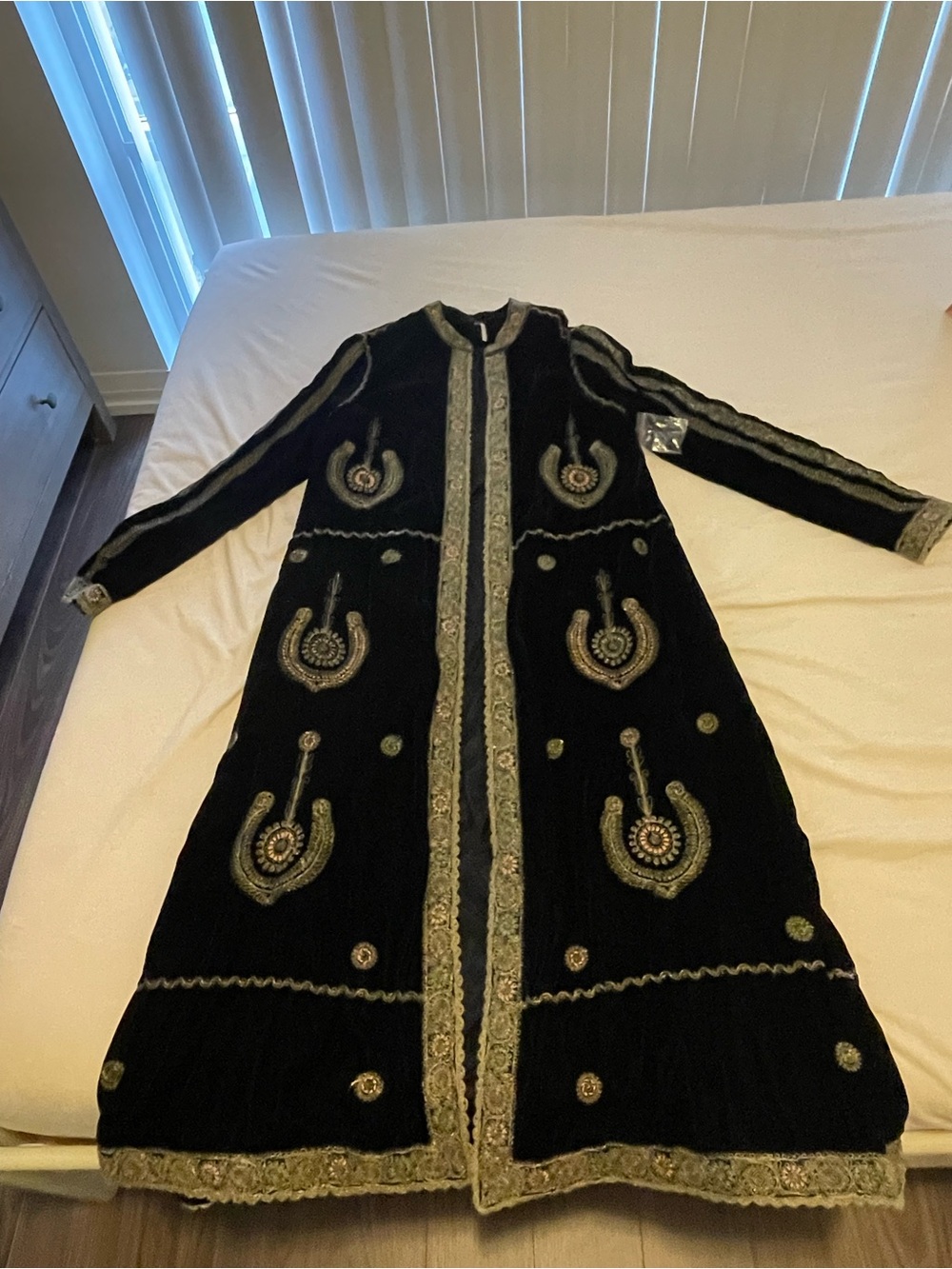 Free People Embroidered Velvet Duster Coat Black Gold | S | Boho Long